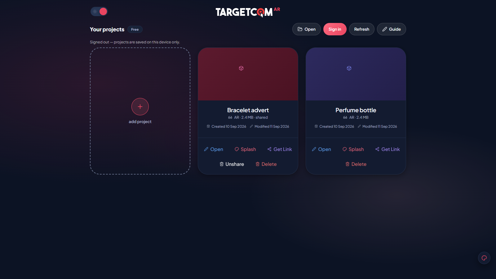The Targetcom AR dashboard: add project card and project cards with Open, Splash, Publish and Delete actions