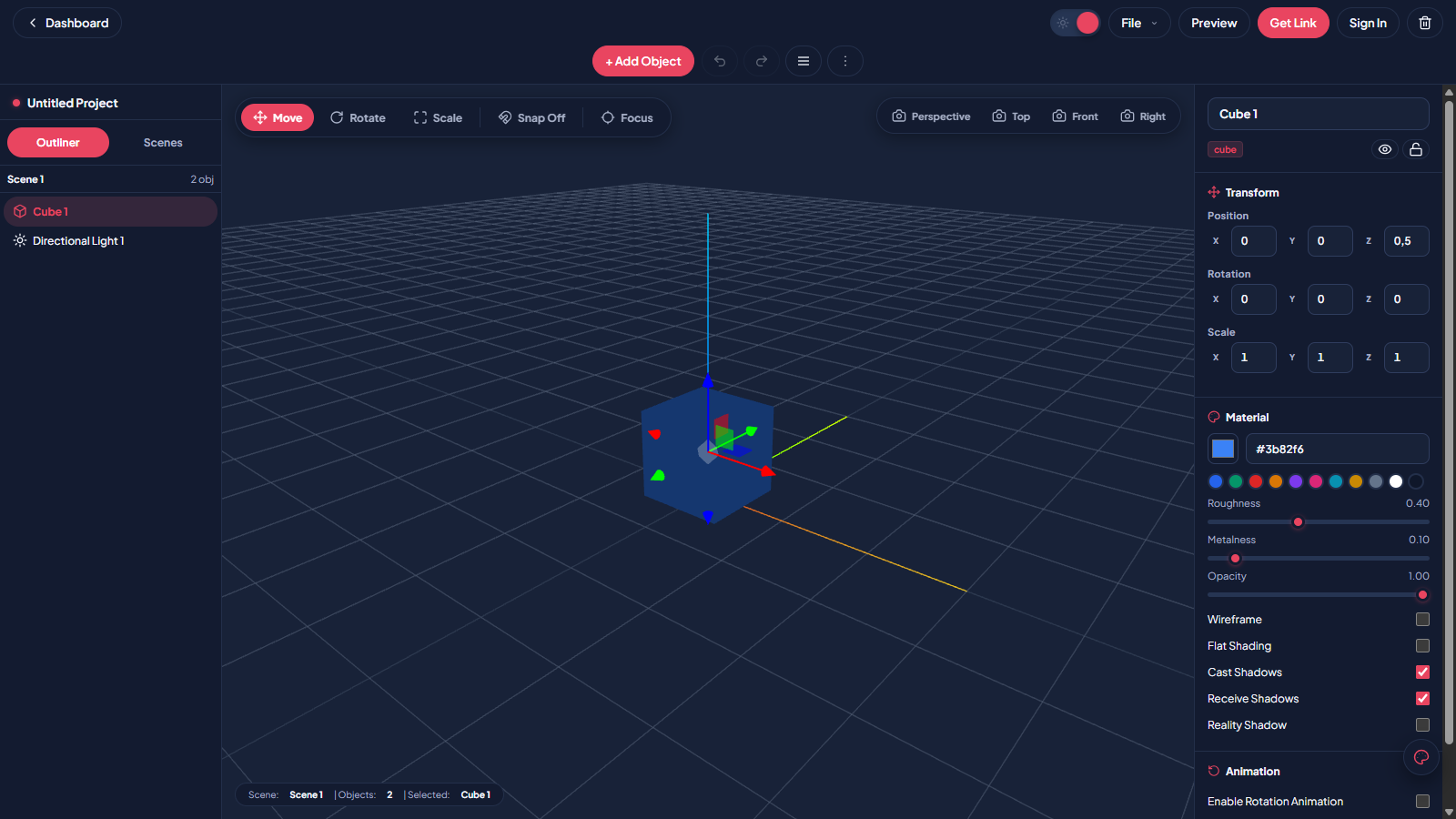 The Targetcom AR editor: 3D viewport with an object selected, Outliner on the left and Inspector properties on the right